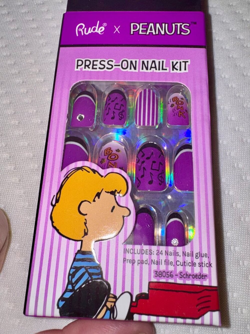 Rude x Peanuts Glossy Press On Nails 24 Kit, Oval, Purple Music, Schroeder